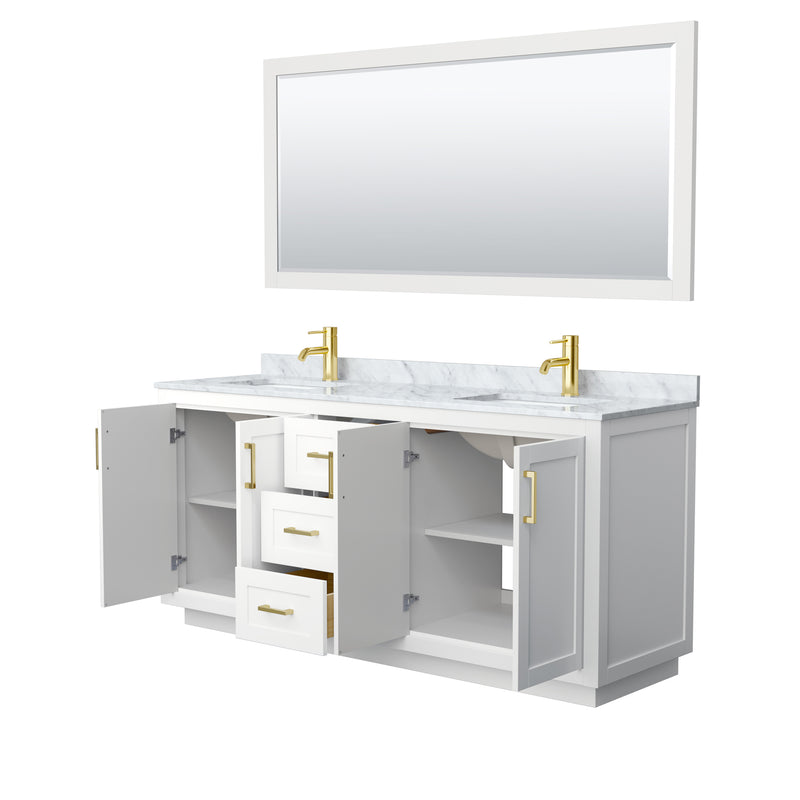 Wyndham Miranda 72" Double Bathroom Vanity In White White Carrara Marble Countertop Undermount Square Sinks Brushed Gold Trims and 70" Mirror WCF292972DWGCMUNSM70