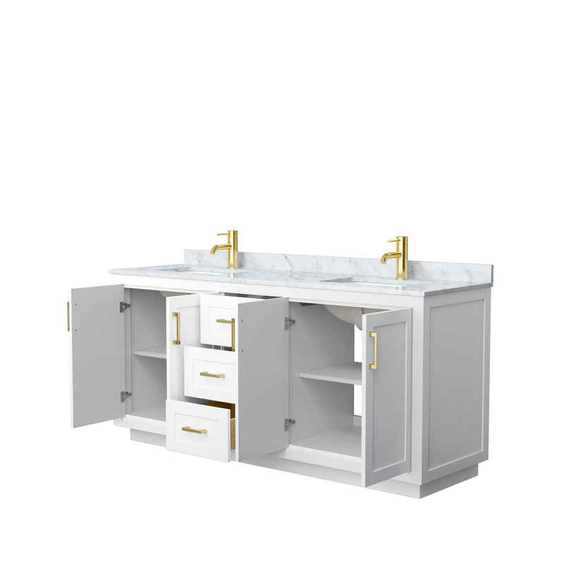 Wyndham Miranda 72" Double Bathroom Vanity In White White Carrara Marble Countertop Undermount Square Sinks Brushed Gold Trims and No Mirror WCF292972DWGCMUNSMXX
