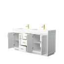 Wyndham Miranda 72" Double Bathroom Vanity In White Matte White Solid Surface In 4" Thickness Integrated Sinks Brushed Gold Trims and No Mirror WCF292972DWGK4INTMXX