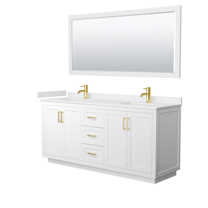 Wyndham Miranda 72" Double Bathroom Vanity In White White Cultured Marble Countertop Undermount Square Sinks Brushed Gold Trims And 70" Mirror WCF292972DWGWCUNSM70