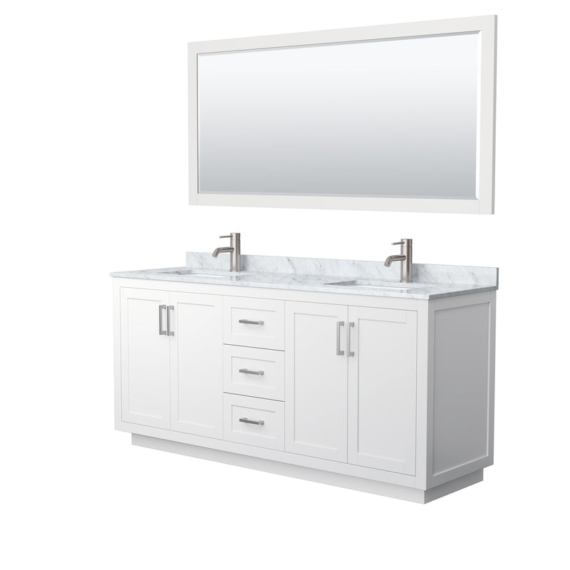 Wyndham Miranda 72" Double Bathroom Vanity In White White Carrara Marble Countertop Undermount Square Sinks Brushed Nickel Trims And 70" Mirror WCF292972DWHCMUNSM70