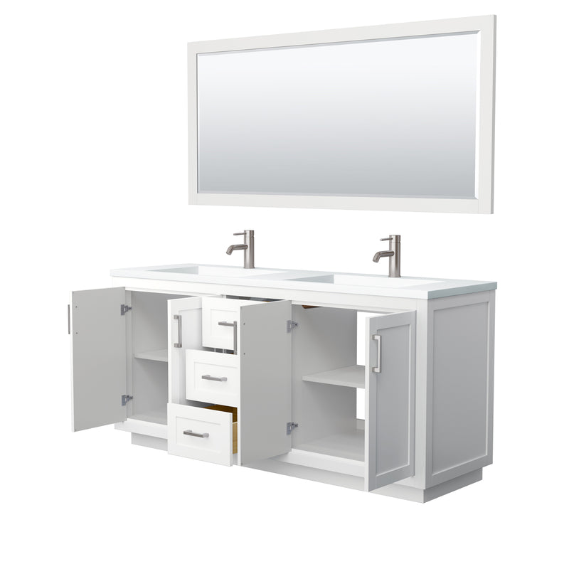 Wyndham Miranda 72" Double Bathroom Vanity In White Matte White Solid Surface In 1.25" Thickness Integrated Sinks Brushed Nickel Trims and 70" Mirror WCF292972DWHK1INTM70