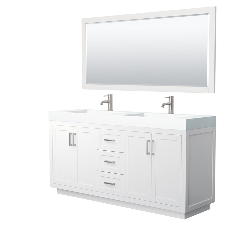 Wyndham Miranda 72" Double Bathroom Vanity In White Matte White Solid Surface In 4" Thickness Integrated Sinks Brushed Nickel Trims And 70" Mirror WCF292972DWHK4INTM70