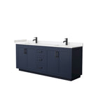 Wyndham Miranda 80" Double Bathroom Vanity In Dark Blue Light-Vein Carrara Cultured Marble Countertop Undermount Square Sinks Black Trims And No Mirror WCF292980DBBC2UNSMXX