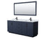 Wyndham Miranda 80" Double Bathroom Vanity In Dark Blue White Carrara Marble Countertop Undermount Square Sinks Black Trims And 70" Mirror WCF292980DBBCMUNSM70