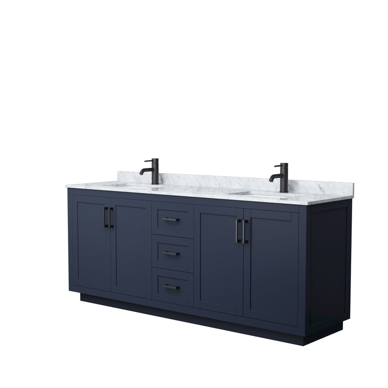 Wyndham Miranda 80" Double Bathroom Vanity In Dark Blue White Carrara Marble Countertop Undermount Square Sinks Black Trims And No Mirror WCF292980DBBCMUNSMXX