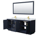 Wyndham Miranda 80" Double Bathroom Vanity In Dark Blue White Carrara Marble Countertop Undermount Square Sinks Brushed Gold Trims and 70" Mirror WCF292980DBLCMUNSM70