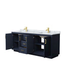 Wyndham Miranda 80" Double Bathroom Vanity In Dark Blue White Carrara Marble Countertop Undermount Square Sinks Brushed Gold Trims and No Mirror WCF292980DBLCMUNSMXX