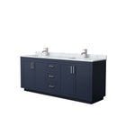 Wyndham Miranda 80" Double Bathroom Vanity In Dark Blue White Carrara Marble Countertop Undermount Square Sinks Brushed Nickel Trims And No Mirror WCF292980DBNCMUNSMXX