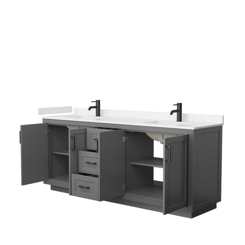 Wyndham Miranda 80" Double Bathroom Vanity In Dark Gray Light-Vein Carrara Cultured Marble Countertop Undermount Square Sinks Black Trims and No Mirror WCF292980DGBC2UNSMXX