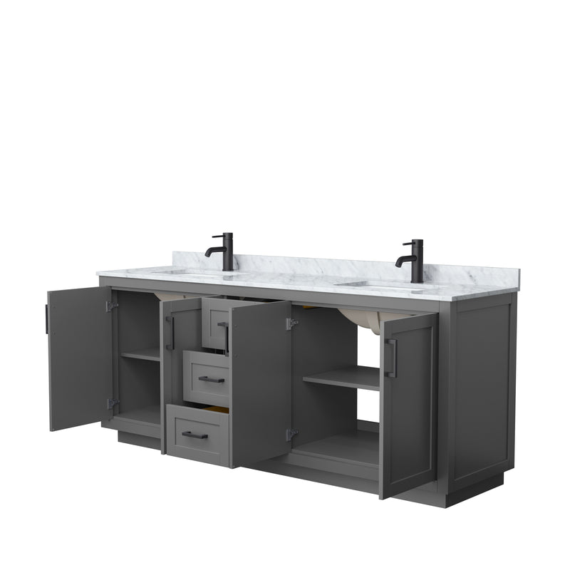 Wyndham Miranda 80" Double Bathroom Vanity In Dark Gray White Carrara Marble Countertop Undermount Square Sinks Black Trims and No Mirror WCF292980DGBCMUNSMXX