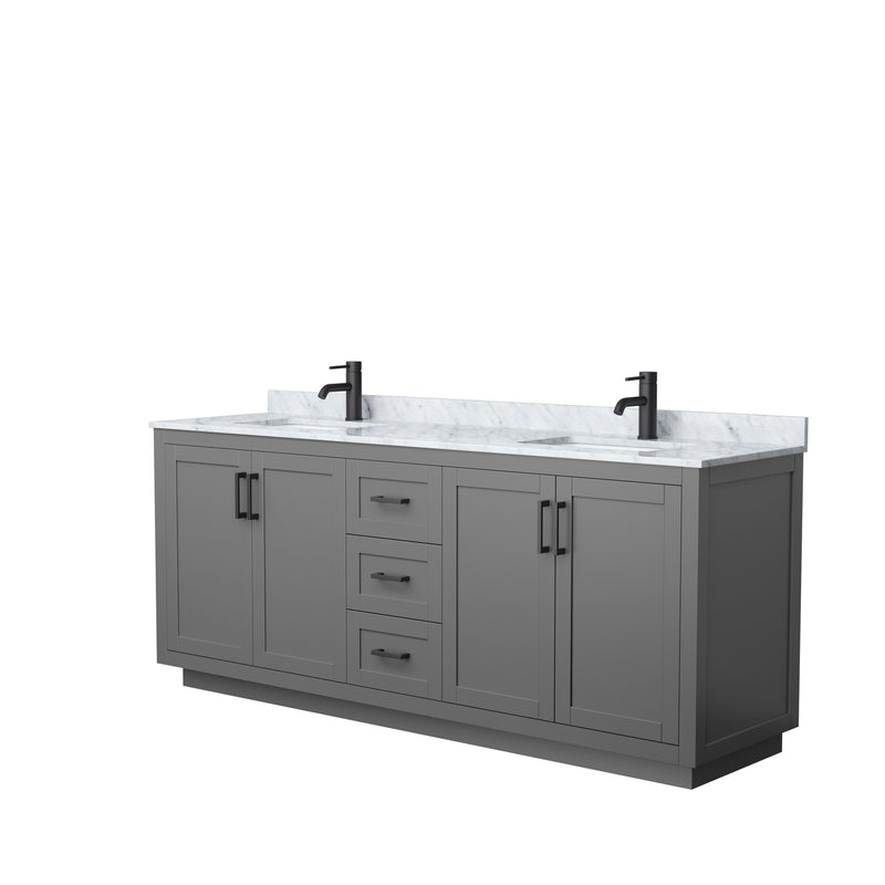 Wyndham Miranda 80" Double Bathroom Vanity In Dark Gray White Carrara Marble Countertop Undermount Square Sinks Black Trims And No Mirror WCF292980DGBCMUNSMXX