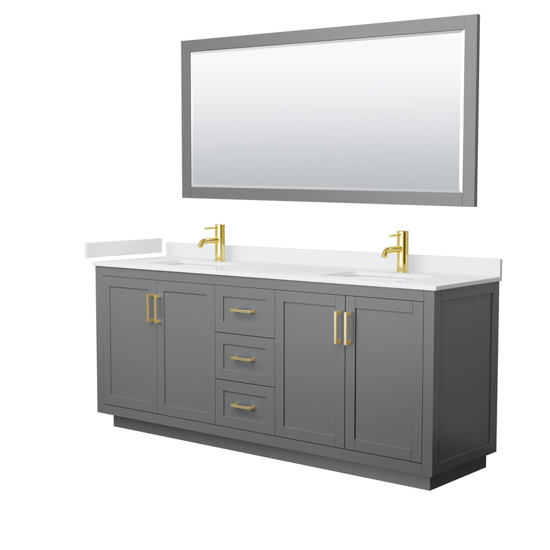 Wyndham Miranda 80" Double Bathroom Vanity In Dark Gray White Cultured Marble Countertop Undermount Square Sinks Brushed Gold Trims And 70" Mirror WCF292980DGGWCUNSM70