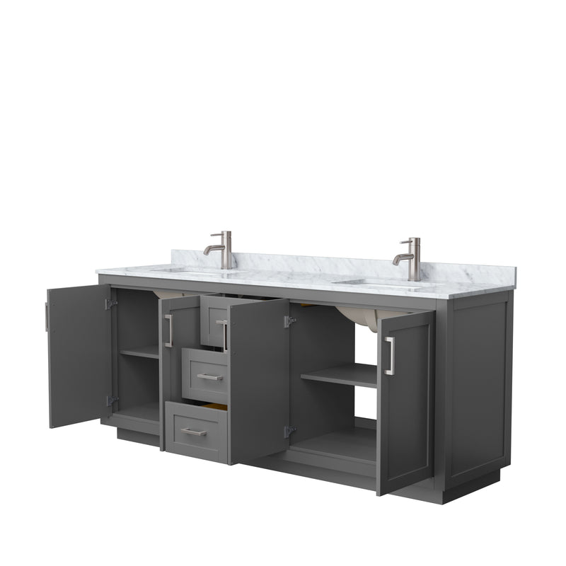 Wyndham Miranda 80" Double Bathroom Vanity In Dark Gray White Carrara Marble Countertop Undermount Square Sinks Brushed Nickel Trims and No Mirror WCF292980DKGCMUNSMXX