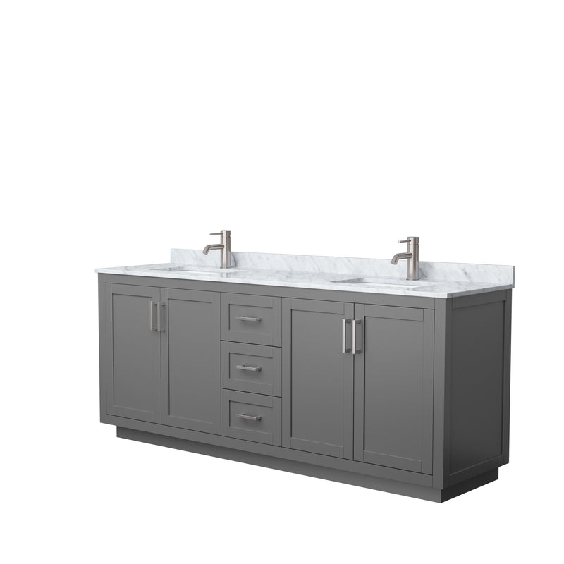 Wyndham Miranda 80" Double Bathroom Vanity In Dark Gray White Carrara Marble Countertop Undermount Square Sinks Brushed Nickel Trims And No Mirror WCF292980DKGCMUNSMXX