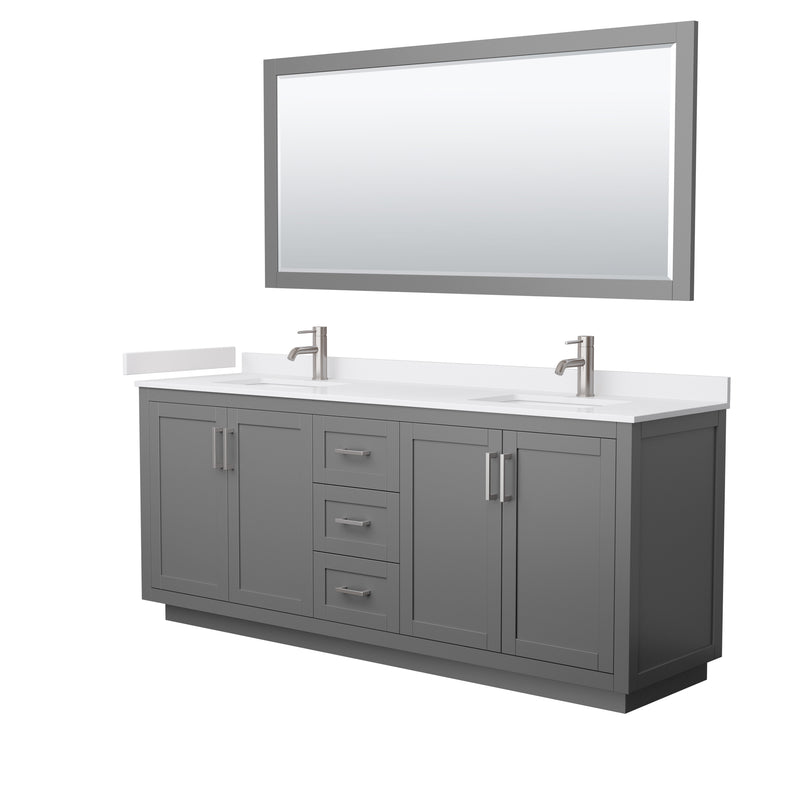 Wyndham Miranda 80" Double Bathroom Vanity In Dark Gray White Cultured Marble Countertop Undermount Square Sinks Brushed Nickel Trims And 70" Mirror WCF292980DKGWCUNSM70