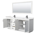 Wyndham Miranda 80" Double Bathroom Vanity In White Light-Vein Carrara Cultured Marble Countertop Undermount Square Sinks Black Trims and 70" Mirror WCF292980DWBC2UNSM70