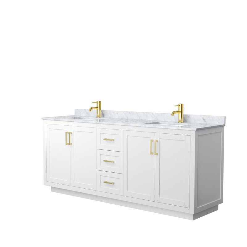 Wyndham Miranda 80" Double Bathroom Vanity In White White Carrara Marble Countertop Undermount Square Sinks Brushed Gold Trims And No Mirror WCF292980DWGCMUNSMXX