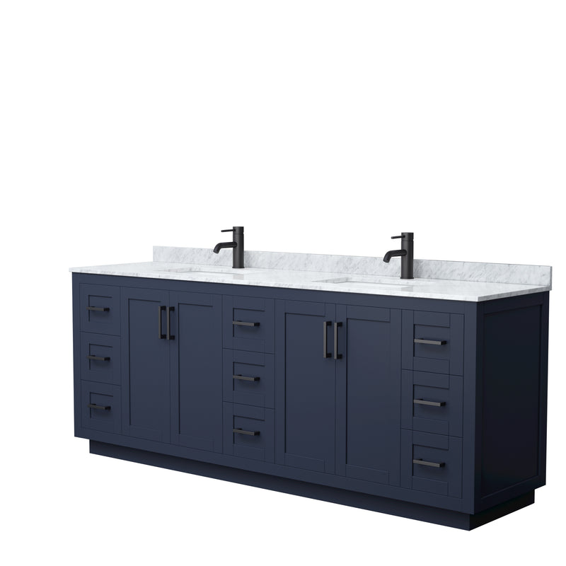 Wyndham Miranda 84" Double Bathroom Vanity In Dark Blue White Carrara Marble Countertop Undermount Square Sinks Matte Black Trim WCF292984DBBCMUNSMXX