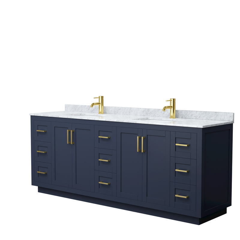 Wyndham Miranda 84" Double Bathroom Vanity In Dark Blue White Carrara Marble Countertop Undermount Square Sinks Brushed Gold Trim WCF292984DBLCMUNSMXX