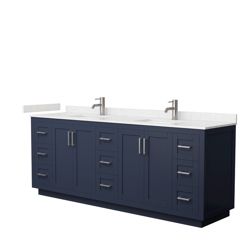 Wyndham Miranda 84" Double Bathroom Vanity In Dark Blue Light-Vein Carrara Cultured Marble Countertop Undermount Square Sinks Brushed Nickel Trim WCF292984DBNC2UNSMXX