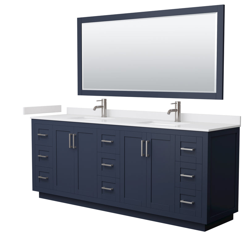 Wyndham Miranda 84" Double Bathroom Vanity In Dark Blue White Cultured Marble Countertop Undermount Square Sinks Brushed Nickel Trim 70" Mirror WCF292984DBNWCUNSM70