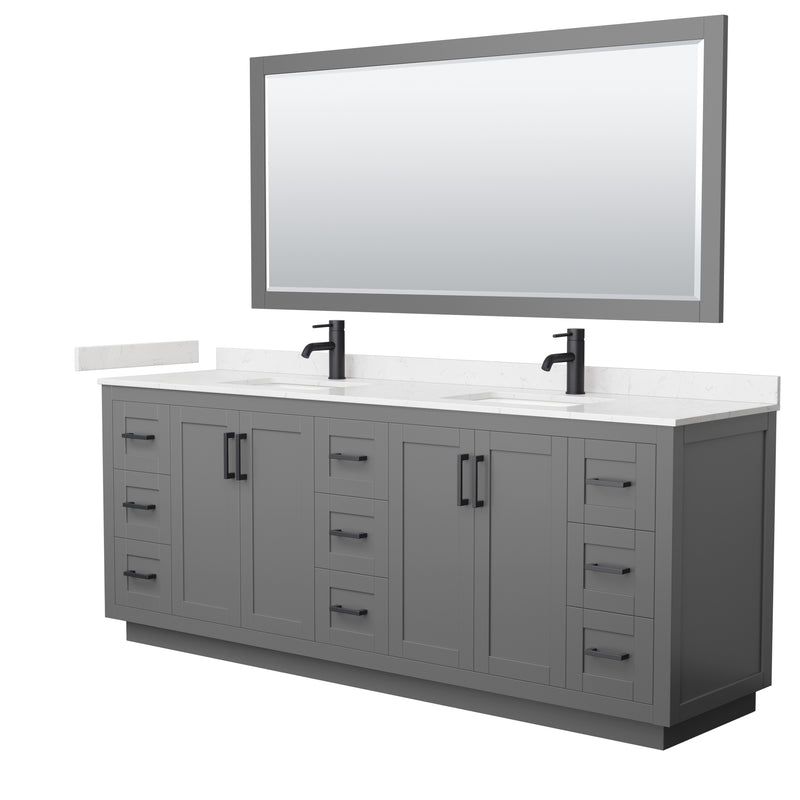 Wyndham Miranda 84" Double Bathroom Vanity In Dark Gray Light-Vein Carrara Cultured Marble Countertop Undermount Square Sinks Matte Black Trim 70" Mirror WCF292984DGBC2UNSM70