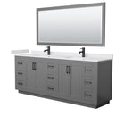 Wyndham Miranda 84" Double Bathroom Vanity In Dark Gray White Cultured Marble Countertop Undermount Square Sinks Matte Black Trim 70" Mirror WCF292984DGBWCUNSM70