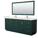 Wyndham Miranda 84" Double Bathroom Vanity In Green Light-Vein Carrara Cultured Marble Countertop Undermount Square Sinks Brushed Gold Trim 70" Mirror WCF292984DGDC2UNSM70