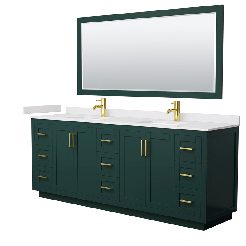 Wyndham Miranda 84" Double Bathroom Vanity In Green White Cultured Marble Countertop Undermount Square Sinks Brushed Gold Trim 70" Mirror WCF292984DGDWCUNSM70