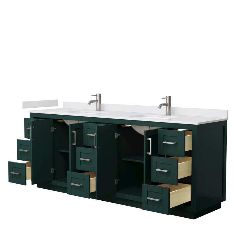 Wyndham Miranda 84" Double Bathroom Vanity In Green White Cultured Marble Countertop Undermount Square Sinks Brushed Nickel Trim WCF292984DGEWCUNSMXX