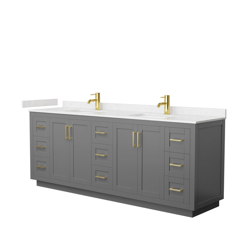 Wyndham Miranda 84" Double Bathroom Vanity In Dark Gray Light-Vein Carrara Cultured Marble Countertop Undermount Square Sinks Brushed Gold Trim WCF292984DGGC2UNSMXX