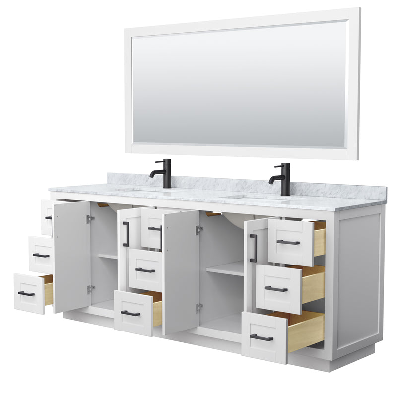 Wyndham Miranda 84" Double Bathroom Vanity In White White Carrara Marble Countertop Undermount Square Sinks Matte Black Trim 70" Mirror WCF292984DWBCMUNSM70