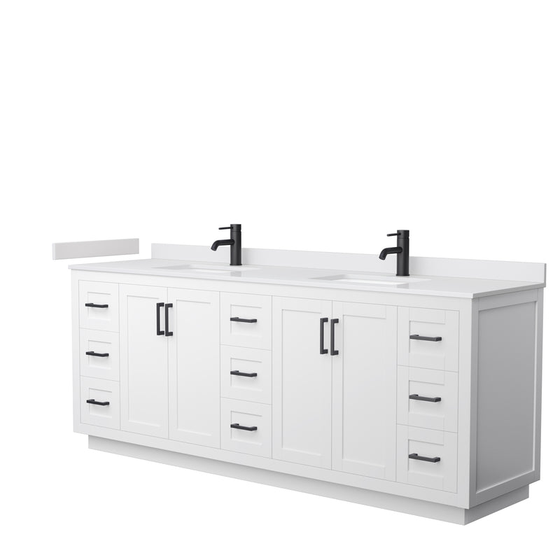 Wyndham Miranda 84" Double Bathroom Vanity In White White Cultured Marble Countertop Undermount Square Sinks Matte Black Trim WCF292984DWBWCUNSMXX