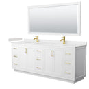 Wyndham Miranda 84" Double Bathroom Vanity In White Light-Vein Carrara Cultured Marble Countertop Undermount Square Sinks Brushed Gold Trim 70" Mirror WCF292984DWGC2UNSM70