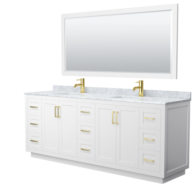 Wyndham Miranda 84" Double Bathroom Vanity In White White Carrara Marble Countertop Undermount Square Sinks Brushed Gold Trim 70" Mirror WCF292984DWGCMUNSM70