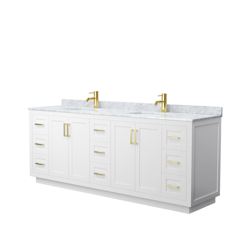 Wyndham Miranda 84" Double Bathroom Vanity In White White Carrara Marble Countertop Undermount Square Sinks Brushed Gold Trim WCF292984DWGCMUNSMXX