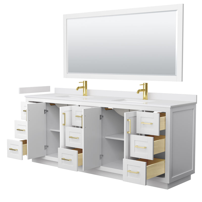 Wyndham Miranda 84" Double Bathroom Vanity In White White Cultured Marble Countertop Undermount Square Sinks Brushed Gold Trim 70" Mirror WCF292984DWGWCUNSM70