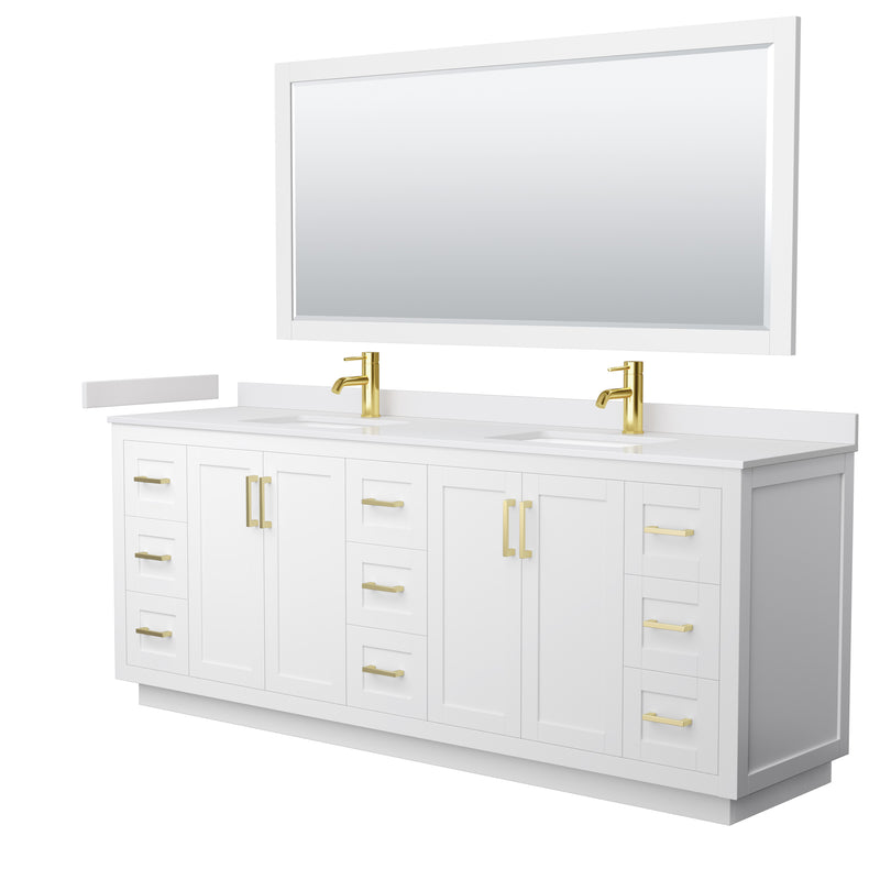 Wyndham Miranda 84" Double Bathroom Vanity In White White Cultured Marble Countertop Undermount Square Sinks Brushed Gold Trim 70" Mirror WCF292984DWGWCUNSM70