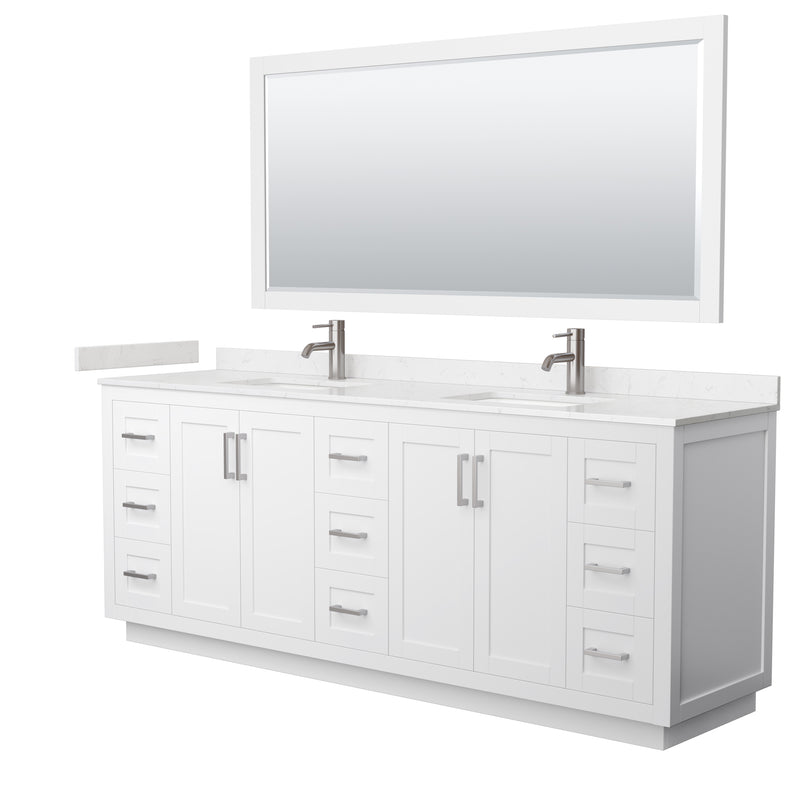 Wyndham Miranda 84" Double Bathroom Vanity In White Light-Vein Carrara Cultured Marble Countertop Undermount Square Sinks Brushed Nickel Trim 70" Mirror WCF292984DWHC2UNSM70