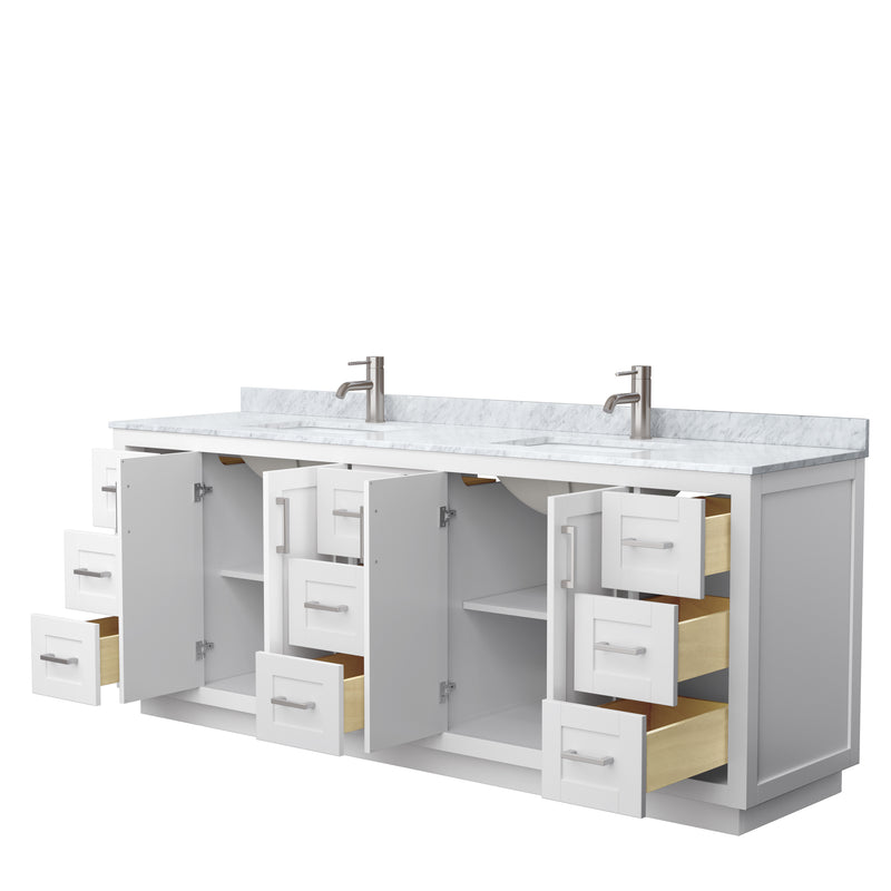 Wyndham Miranda 84" Double Bathroom Vanity In White White Carrara Marble Countertop Undermount Square Sinks Brushed Nickel Trim WCF292984DWHCMUNSMXX