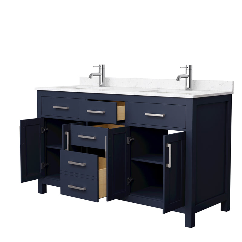Wyndham Beckett 60" Double Bathroom Vanity In Dark Blue Carrara Cultured Marble Countertop Undermount Square Sinks Brushed Nickel Trim WCG242460DBNCCUNSMXX