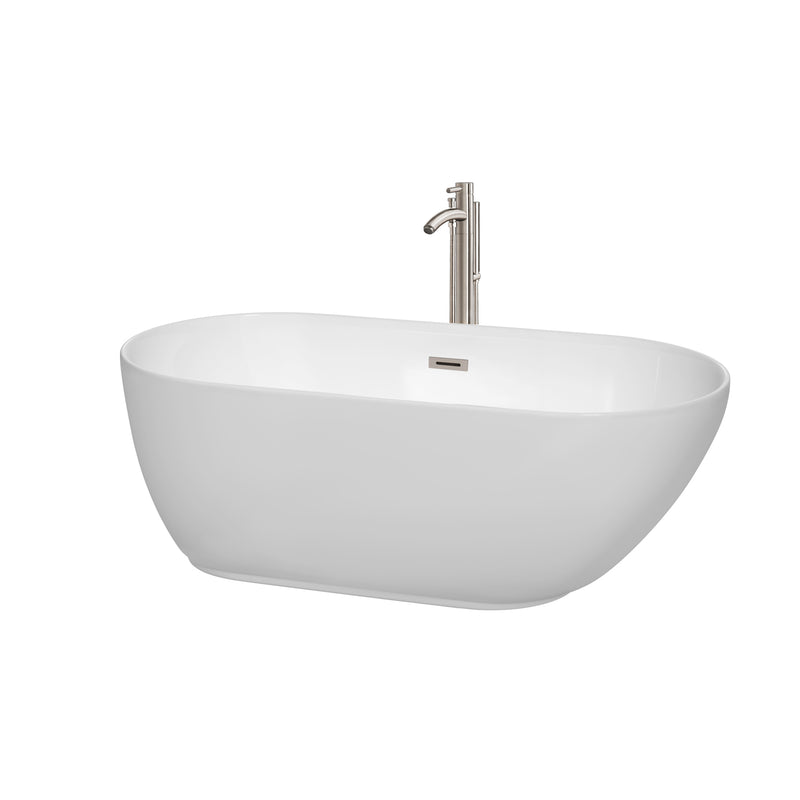 Wyndham Melissa 60" Freestanding Bathtub In White With Floor Mounted Faucet Drain And Overflow Trim In Brushed Nickel WCOBT100060ATP11BN