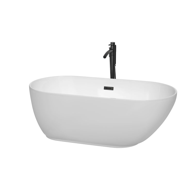 Wyndham Melissa 60" Soaking Bathtub In White With Floor Mounted Faucet Drain And Overflow Trim In Matte Black WCOBT100060MBATPBK