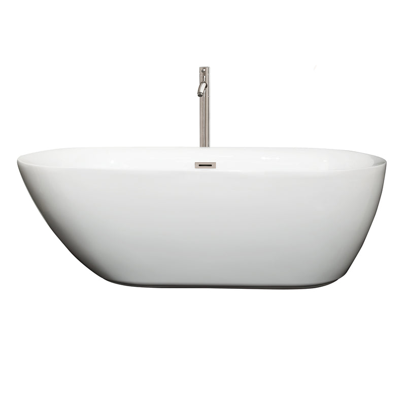 Wyndham Melissa 65" Freestanding Bathtub in White with Floor Mounted Faucet Drain and Overflow Trim in Brushed Nickel WCOBT100065ATP11BN