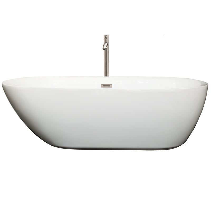 Wyndham Melissa 71" Freestanding Bathtub in White with Floor Mounted Faucet Drain and Overflow Trim in Brushed Nickel WCOBT100071ATP11BN