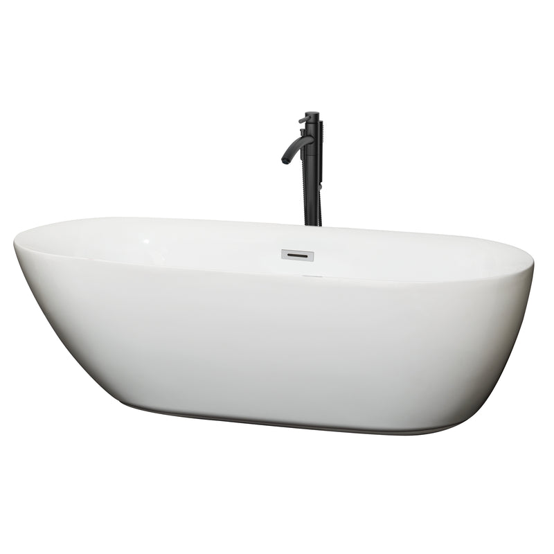 Wyndham Melissa 71" Soaking Bathtub In White With Polished Chrome Trim And Floor Mounted Faucet In Matte Black WCOBT100071PCATPBK