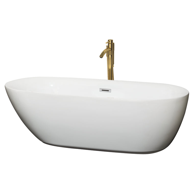 Wyndham Melissa 71" Soaking Bathtub In White With Polished Chrome Trim And Floor Mounted Faucet In Brushed Gold WCOBT100071PCATPGD