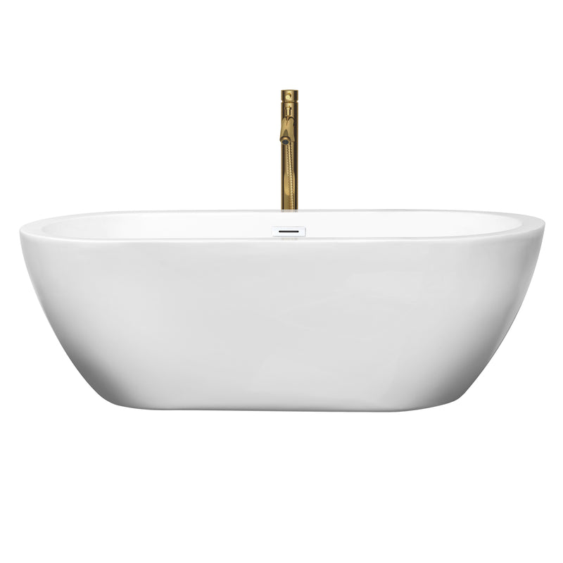 Wyndham Soho 68" Soaking Bathtub in White with Shiny White Trim and Floor Mounted Faucet in Brushed Gold WCOBT100268SWATPGD