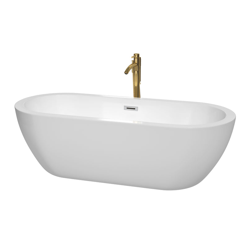 Wyndham Soho 72" Soaking Bathtub In White With Polished Chrome Trim And Floor Mounted Faucet In Brushed Gold WCOBT100272PCATPGD